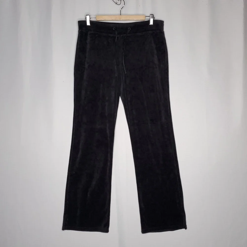 NY Company Citysport Velour Pants Women Medium Black Drawstring Straight Y2K 00s